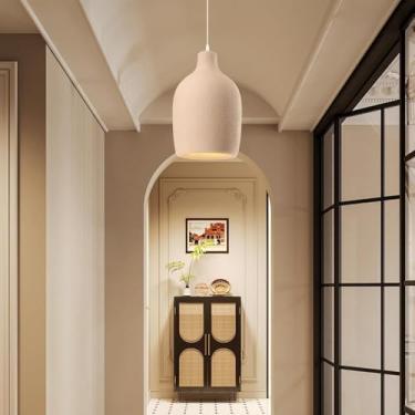 Imagem de Lustre estilo pastoral para mesa de jantar, luminária pendente cinza E27, formato de vaso, cúpula de poliestireno, design Wabi Sabi, ideal para cozinha, ilha, quarto e sala de estar (marrom)