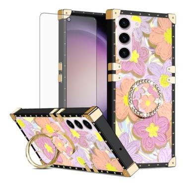 Imagem de Asuwish Capa de celular para Samsung Galaxy S23 5G capa magnética com protetor de tela de vidro temperado e anel protetor de flor de pintura suporte rígido S 23 23S GS23 G5 SM-S911U 6,1 polegadas