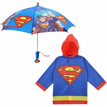 Imagem de DC Comics Guarda-chuva infantil e Slicker, Batman ou Super-Homem, conjunto de roupas de chuva para meninos de 2 a 7 anos, Super-homem, 2-3T, Conjunto de guarda-chuva e poncho para crianças, Batman e