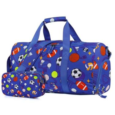 Imagem de Vipdeal Bolsa infantil para viagem, bolsas grandes de fim de semana com bolsa de higiene infantil com compartimento para sapatos de mão, Bolas de futebol azuis, Bolsa infantil com conjunto de bolsa de