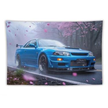 Imagem de HouLaiZhe JDM Tapeçaria de carro Jdm R32 Flores de cerejeira neblina grossa para pendurar na parede quarto decoração de casa tapeçarias estética piquenique decoração de parede arte de parede para