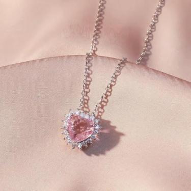 Imagem de Colar com pingente de coração de prata com pedra preciosa rosa, joia delicada elegante para mulheres