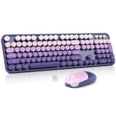 Imagem de Combo de teclado e mouse sem fio, teclado de computador redondo retrô MOWUX para máquina de escrever, lindo mouse óptico sem fio, Plug and Play, para laptop, PC, computador - gradiente roxo