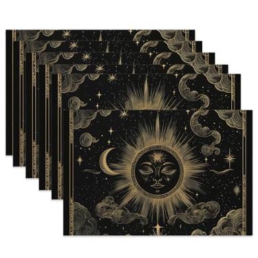 Imagem de Jogo americano de pano, jogo americano de tecido boho sol lua, conjunto de 6, tapetes de mesa pretos laváveis, tapetes decorativos para jantar, casa, cozinha, festas de fim de ano, 29 x 44 cm