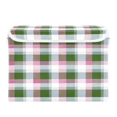 Imagem de CEBUGI Caixotes de armazenamento com tampas, caixa de armazenamento de tecido dobrável, caixa organizadora de cubo xadrez para armário de casa prateleiras de quarto 40 x 32 x 39 cm