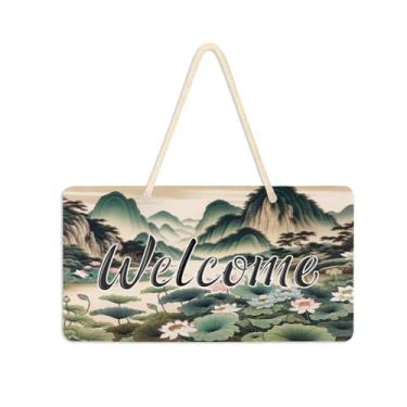 Imagem de Burbuja Placa de boas-vindas de pintura de paisagem chinesa para porta da frente, placa de boas-vindas de PVC para pendurar na parede varanda casa de fazenda, decoração de feriados, 15 x 28 cm