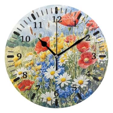 Imagem de CEBUGI 1 relógio de parede de flores silvestres 1 relógio redondo operado por bateria relógios de parede silenciosos sem tique-taque para cozinha, banheiro, quarto, escritório, decoração 25,4 cm