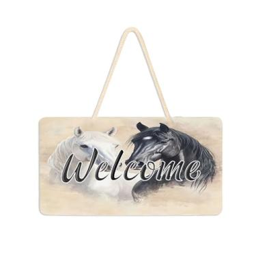 Imagem de Burbuja Placa de boas-vindas de cavalo preto branco para porta da frente, placa de boas-vindas de PVC para decoração de férias, 15 x 28 cm