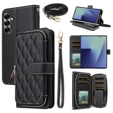 Imagem de Dswteny Argyle Capa carteira para Samsung Galaxy Z Fold 7 com alça de ombro de pulso, zíper couro PU flip acessórios suporte para cartão de crédito capa de celular para ZFold Z7 G Fold7 7Z mulheres
