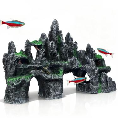 Imagem de GOLOMOZ Decoração de aquário grande - Acessórios de ornamento de aquário com vista para montanha com casa na árvore, cavernas, esconderijo, para aquário de 40 galões, decoração de aquário de