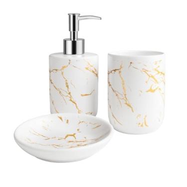 Imagem de Kit Banheiro em Cerâmica 3 Peças Branco com Detalhes Dourados Dispensador de Sabonete Líquido Porta Escova e Saboneteira Estilo Mármore Moderno Luxuoso Premium
