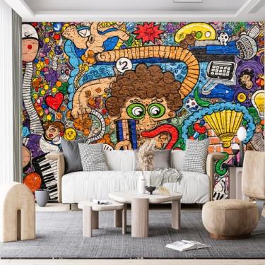 Imagem de Murais de parede de tamanho personalizado, desenho surreal caprichoso personagem de olhos grandes elementos musicais tecido de parede autoadesivo (sem PVC) papel de parede grande removível para sala