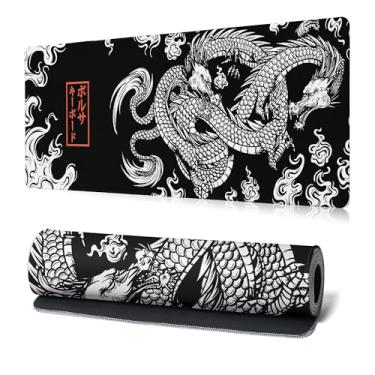 Imagem de Tapete de rato preto e branco extragrande para jogos tapete de mesa dragão tapete de teclado japonês completo tapete de computador tapete de mesa com bordas costuradas antiderrapante mesa 80 x 30 cm