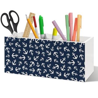 Imagem de ANIANG Organizador de caneta náutica azul marinho, decoração de mesa de praia costeira, âncora de barco náutico, porta-lápis de madeira, para praia, lago, casa, escritório, acessórios de mesa