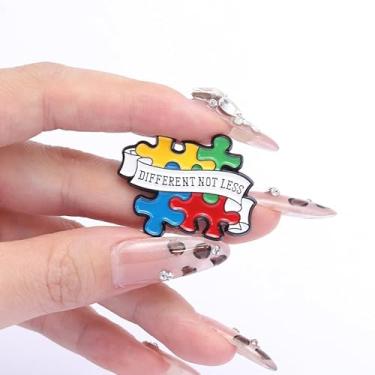 Imagem de Broche de quebra-cabeça colorido esmaltado com texto "Diferente, não menos", crachá de fita para conscientização da neurodiversidade, presente exclusivo para defensores da neurodiversidade