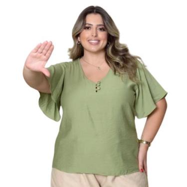 Imagem de Blusa Plus Size Feminina Manga Curta Godê Decote V com Botões Encapado