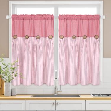 Imagem de ASPMIZ Boho Cortinas de cozinha de linho 91 cm de comprimento, cortina de janela de cozinha de fazenda sobre a pia, cortinas curtas listradas rosa para janelas pequenas, banheiro, bolso de haste