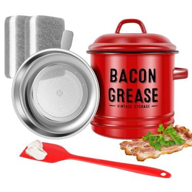 Imagem de Recipiente de graxa de bacon com coador, protetor de gordura de esmalte de 1,5 L/1,304 g com tampa e espátula de silicone, pote de lata de armazenamento de gordura de bacon de óleo de cozinha, suporte