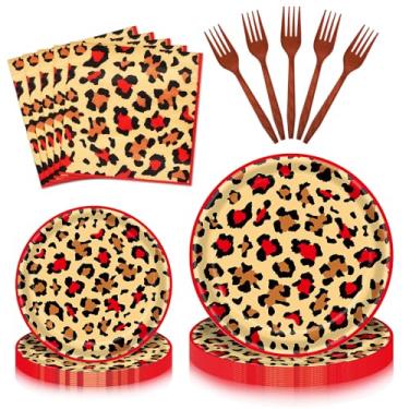 Imagem de PhyLence 100 peças de utensílios de mesa com estampa de leopardo - Conjunto de louça descartável com estampa de animal com pratos de papel, guardanapos para tema safari, festa de aniversário na selva