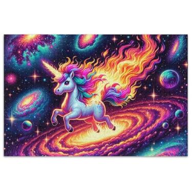 Imagem de Quebra-cabeça fofo unicórnio fogo espaço galáxia adultos 500 peças pintura colorida quebra-cabeça cena outono engraçado