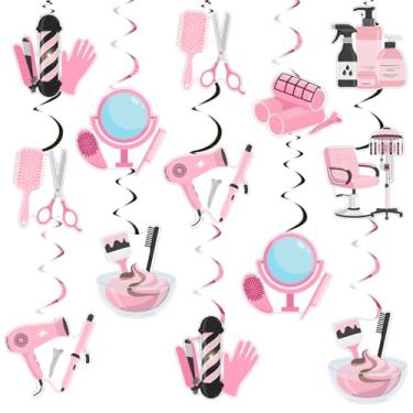 Imagem de JOYMEMO 24 peças de espirais de festa de barbearia rosa - decorações de aniversário de cabeleireiro, serpentinas de teto suspensas de barbeiro para maquiagem cosmetologia formatura chá de panela