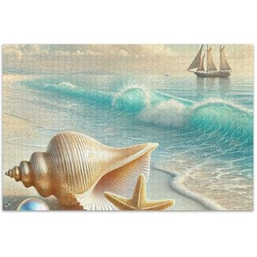 Imagem de Quebra-cabeça para adultos com concha do mar costeiro 1000 peças, pintura de arte floral, quebra-cabeças divertidos para a família, presentes de elefantes brancos, 75 x 40 cm