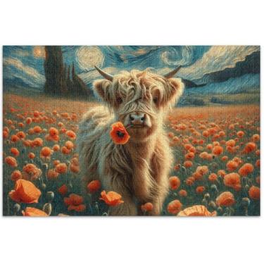 Imagem de Quebra-cabeça personalizado de papoula de vaca highland floral estrelado 1000 peças presentes de elefante branco engraçado divertido quebra-cabeça animal arte impressão, 75 x 40 centímetros