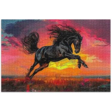 Imagem de Quebra-cabeça de cavalo preto pintado à mão livre de artistas 500 peças para adultos jogo quebra-cabeça presentes quebra-cabeça cena outono cenário floral