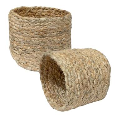 Imagem de FAB CASTLE Cesta redonda de juta, algodão, corda, tecido, plantador, interior, vaso de flores, cesto de armazenamento, recipiente para casa, rústico, decorativo, simples (pacote com 2)