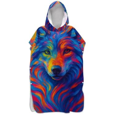 Imagem de Joisal Roupão para adultos, poncho de surfe, toalha de banho com capuz, absorvente masculino e feminino, poncho com capuz, pintura colorida de lobo
