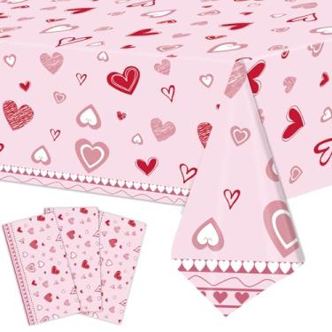 Imagem de Kafolix 3 peças de toalha de mesa de plástico com corações de dia dos namorados – 137 x 272 cm, capas de mesa descartáveis rosa e vermelha para festas românticas, casamentos, aniversários, decorações