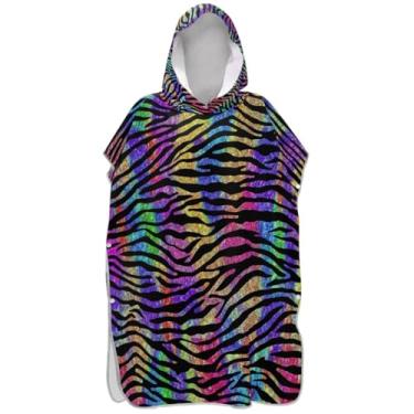 Imagem de Joisal Poncho de surfe colorido com estampa de zebra arco-íris para adulto roupão reutilizável feminino com capuz toalhas de banho de praia com capuz