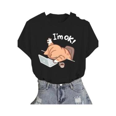 Imagem de Camiseta Feminina Bege Com Estampa De Gato Fofo, Casual, Gola Redonda,