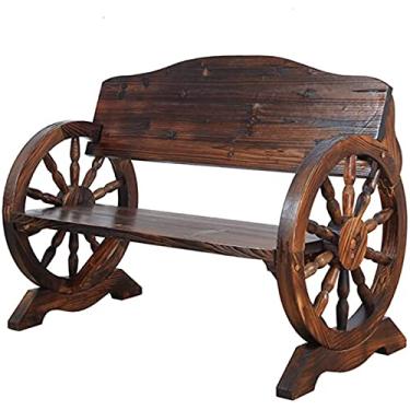 Imagem de LOERSS Banco de roda de carroça, banco de madeira ao ar livre, banco de roda de vagão ao ar livre, bancos de pátio de madeira rústica para 2 pessoas, com encosto, para varanda, jardim, marrom
