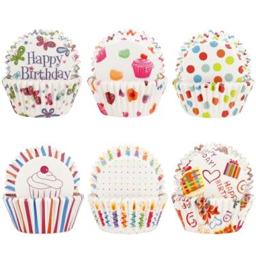 Imagem de Forros de cupcake de aniversário, forros de cupcake brancos, formas fofas de cupcakes para decorações de festa de aniversário