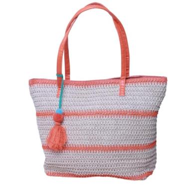Imagem de Bolsa de Praia em Palha Trançada, Alça Dupla em Couro Sintético Marrom, Detalhe de Pompom, Bege (Laranja)