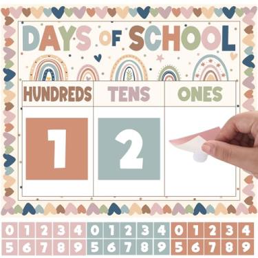 Imagem de Calendário Boho Dias de Escola Quadro de Avisos Dias de Escola Cartazes com Cartões Numéricos Pontos de Gancho e Laço para Sala de Aula Quadro de Avisos Decoração de Parede Pré-Escolar Jardim de