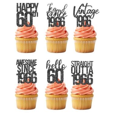 Imagem de Topper de cupcake de 60º aniversário para homens e mulheres 60 anos festa de aniversário, decoração engraçada 60 e fabulosa - preto