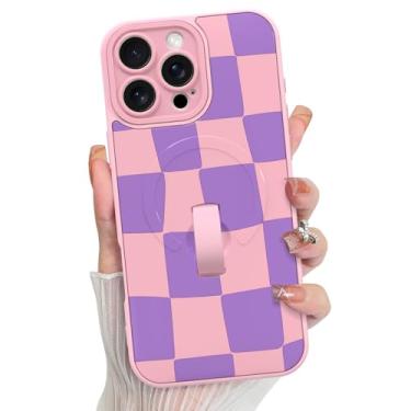 Imagem de KANGHAR Capa compatível com iPhone 16 Pro Max, suporte para MagSafe, estampa fofa xadrez de silicone, suporte de pulseira, proteção para câmera, capa macia e fina para meninas e mulheres - Rosa