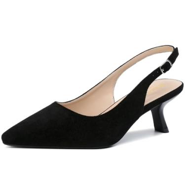 Imagem de RIBONGZ Salto gatinho feminino bico fino fechado salto baixo salto slingback fivela tiras conforto vestido sapatos namoro casamento festa de formatura trabalho, Camurça preta, 37