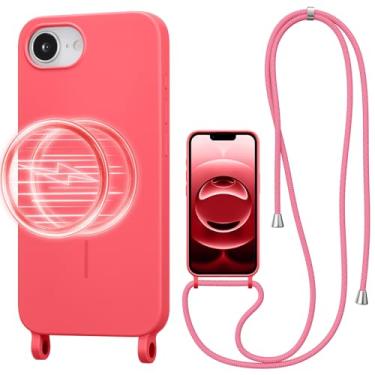 Imagem de UCASONG Capa transversal magnética para iPhone 16E de 6,1 polegadas, capa de silicone líquido com alça ajustável no pescoço, [compatível com MagSafe] capa protetora de telefone à prova de choque