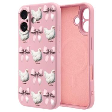 Imagem de OFQKOAKS Capa para iPhone 16 Pro Max compatível com MagSafe, capa de telefone feminina romântica galinha rosa laço rosa rosa silicone líquido slim fit capa protetora para mulheres meninas