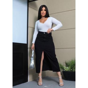 Imagem de Saia midi jeans preta cintura alta com fenda / abertura na frente com 