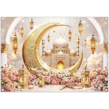 Imagem de ZTHMOE Tecido 2,1 x 1,5 m Ramadã Mubarak cenário fotográfico Eid ouro lua crescente estrela mesquita cúpula castelo muçulmano islâmico fundo festival decorações decoração foto adereços