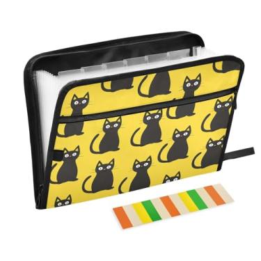 Imagem de Pastas de arquivo amarelas de gatos pretos, pastas de plástico com 13 bolsos, pasta de arquivos expansível para documentos, escola, estudantes, escritório, pasta de estética com etiquetas tamanho