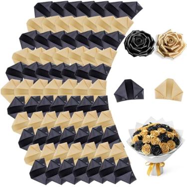 Imagem de TONIFUL 200 peças de fita de cetim preta e dourada pétalas de rosa semi-acabadas para rosa eterna faça você mesmo, buquês de flores, artesanato para dia dos namorados, formatura, casamento