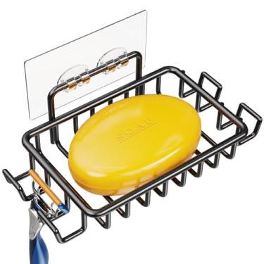 Imagem de Suporte adesivo de saboneteira com 4 ganchos - Organizador de chuveiro de aço inoxidável preto para banheiro, sem instalação de broca