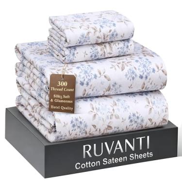 Imagem de RUVANTI Jogo de cama casal 100% algodão – Tecido de cetim macio sedoso para uma sensação de hotel de luxo, bolso profundo de 40,64 cm, refrescante, respirável e durável, 4 peças, campo