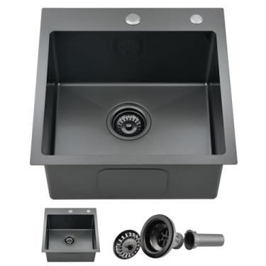 Imagem de Brovy Pia de barra preta de 45,7 cm, pias de barra de aço inoxidável pretas de 45,7 x 45,7 cm, montagem superior de calibre 18, pia de cozinha pequena, tigela única para trailers ao ar livre