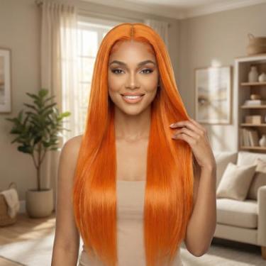 Imagem de Peruca de cabelo humano liso com destaque, 33 x 4 perucas frontais de renda para mulheres pré-arrancadas, sem cola, cabelo humano liso natural 76 cm, laranja